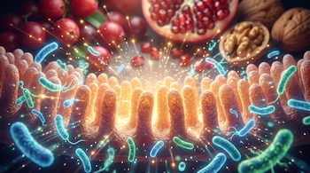 Primer plano de una pared intestinal con vellosidades, bacterias luminosas, partículas de luz, frutos rojos, granada abierta y nueces en el fondo.
