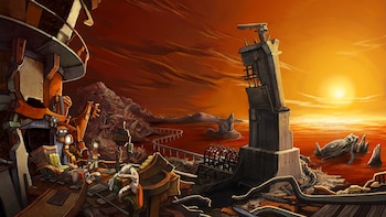 Personajes Rufus y Goal junto a un carro y una pila de chatarra, una torre inclinada, agua rojiza y un sol naranja en un paisaje desolado