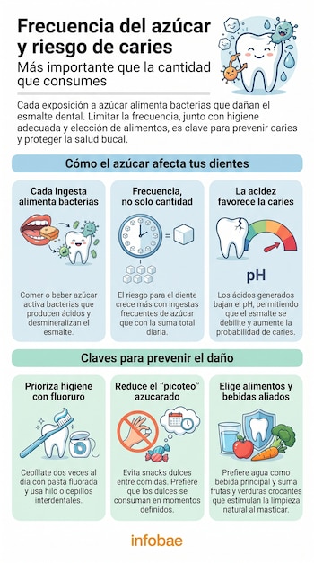 Infografía educativa detalla el riesgo de caries por el azúcar. Muestra dientes, bacterias, escala de pH y recomendaciones de higiene bucal y dieta.