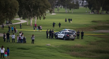DeForest Park con césped, árboles y senderos al atardecer. Agentes y patrullas policiales tras cinta amarilla en zona acordonada, familias observan.