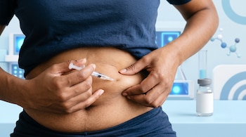 Torso de una persona que sostiene un pliegue del abdomen con una mano e inserta una jeringa con la otra, junto a un frasco con etiqueta blanca.