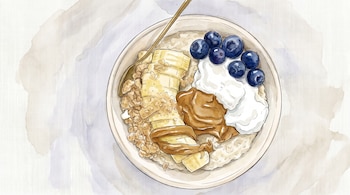 Ilustración en acuarela de un tazón de avena con plátano en rodajas, arándanos azules, crema de cacahuete y granola, junto a una cuchara dorada, sobre fondo claro.