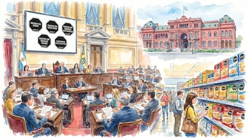 Ilustración acuarela: sesión legislativa con octógonos, Casa Rosada y personas comprando alimentos con octógonos de advertencia en supermercado.