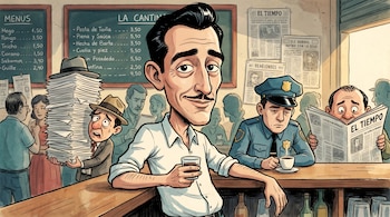 Caricatura de Roque Dalton con bigote delgado y sonrisa irónica, apoyado en una barra de cantina. Le rodean un burócrata, un policía y un hombre leyendo un periódico.