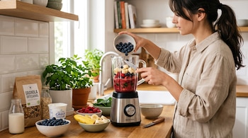 Mujer vertiendo arándanos en una licuadora con fruta, junto a recipientes con yogur, avena y plátanos en una mesada.