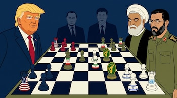 Caricatura de Trump, Rouhani y un general iraní frente a un tablero de ajedrez con piezas que representan naciones. Putin y Xi Jinping observan al fondo.