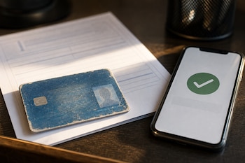 Documento de identidad azul desgastado sobre una hoja de papel, junto a un teléfono móvil con una marca de verificación verde en la pantalla.