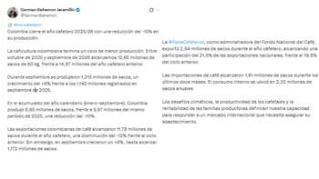 La producción nacional de café alcanzó 12,65 millones de sacos de 60 kilogramos en los últimos doce meses - crédito @GermanBahamon/X