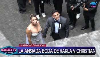 Recién casados, Karla Tarazona y Christian Domínguez agradecen el cariño y descartan luna de miel. Captura: Magaly TV La Firme.
