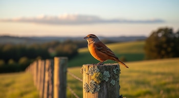Hornero marrón rojizo posado en un poste de madera con líquenes. Detrás, campo verde y cielo anaranjado por el atardecer con nubes difusas.