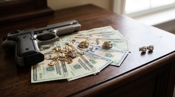 Pistola metálica junto a billetes de veinte y cien dólares, anillos, una cadena dorada y aretes sobre una cómoda de madera.