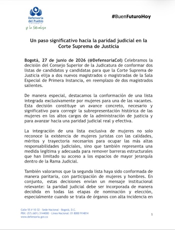 La Defensoría del Pueblo destacó la conformación de una lista exclusiva de mujeres para una de las vacantes en la Corte Suprema y pidió avanzar hacia una mayor paridad judicial - crédito Defensoría del Pueblo