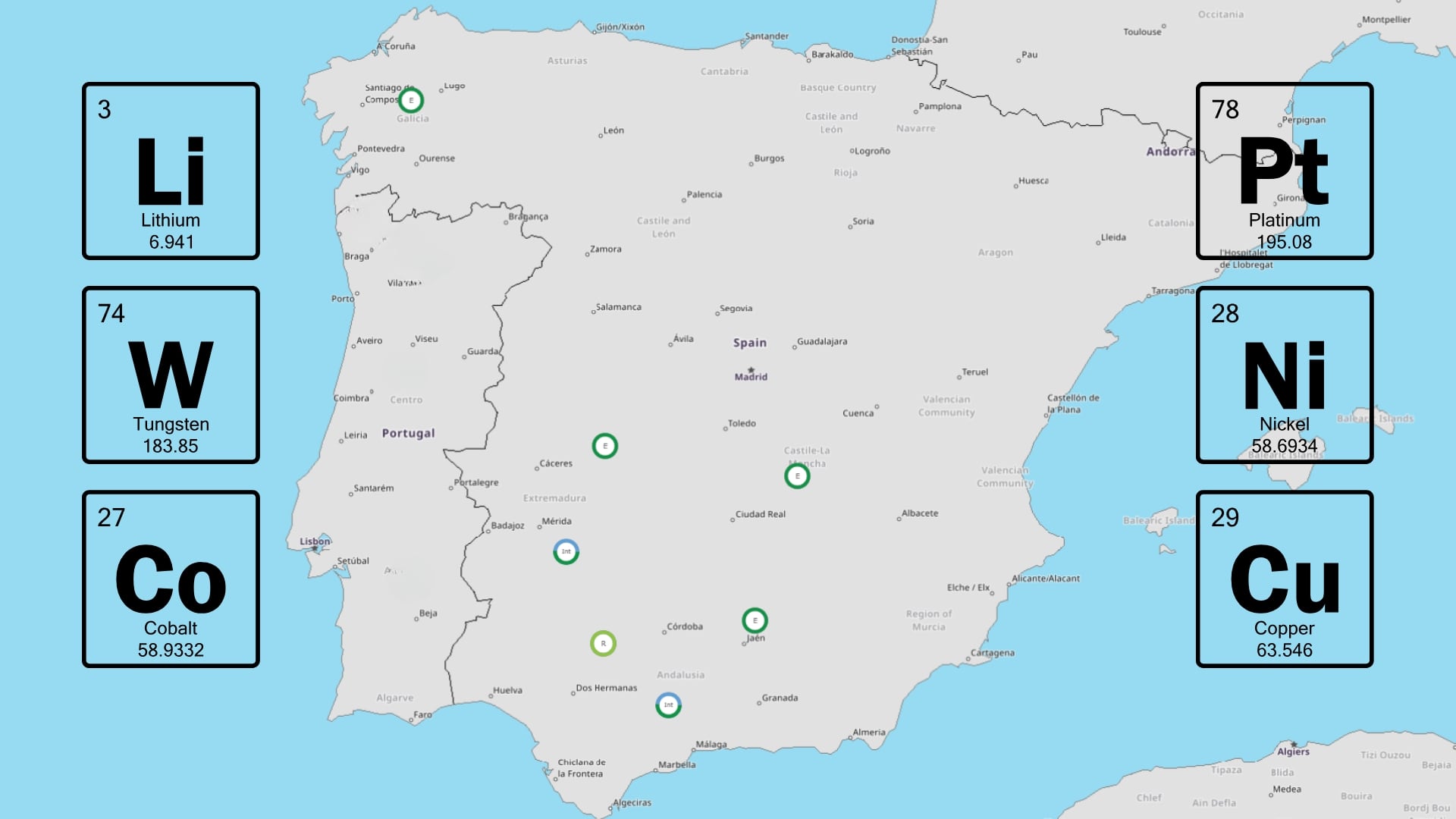 Ubicaciones de los siete proyectos estratégicos de la UE que estarán en España, dedicados a diferentes materias primas. (Montaje Infobae)