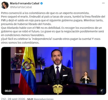 María Fernanda Cabal respaldó la decisión del presidente Abelardo de la Espriella - crédito @MariaFdaCabal/X