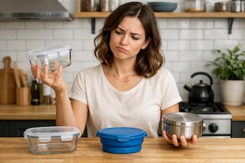 Mujer de cabello castaño en una cocina moderna, sosteniendo un tupper de vidrio y uno de acero inoxidable, con un tupper azul de silicona sobre la encimera de madera.