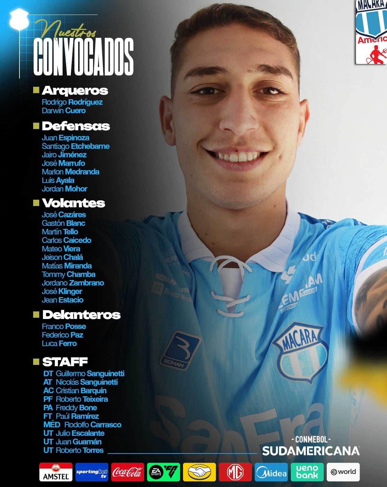 Convocados de Macará para el partido ante América de Cali por la Conmebol Sudamericana 2026 - crédito @Macara_Oficial/X
