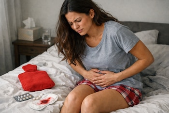 Mujer con camiseta gris sentada en la cama, sujetándose el abdomen con dolor. Una bolsa de agua caliente roja, toalla sanitaria con sangre y pastillas en la cama.