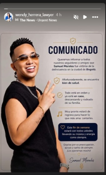 El manager Ricardo Rodríguez confirmó que Samuel Morales apareció sano y salvo, agradeciendo el apoyo y la solidaridad de los seguidores - crédito @wendy_herrera_lawyer/ Instagram