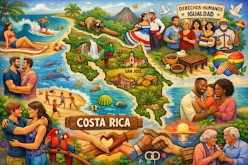 Ilustración de un mapa de Costa Rica con playas, volcanes, cascadas, animales, edificios y personas diversas: surfistas, bañistas, parejas, familias, grupos, ancianos.