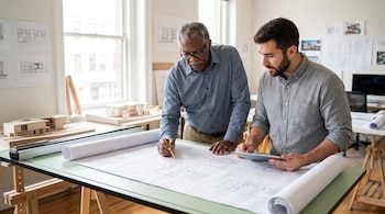 Dos hombres en oficina: uno mayor con lápiz sobre planos, otro joven con tableta. Maquetas de edificios, dibujos arquitectónicos y ventanas son visibles.