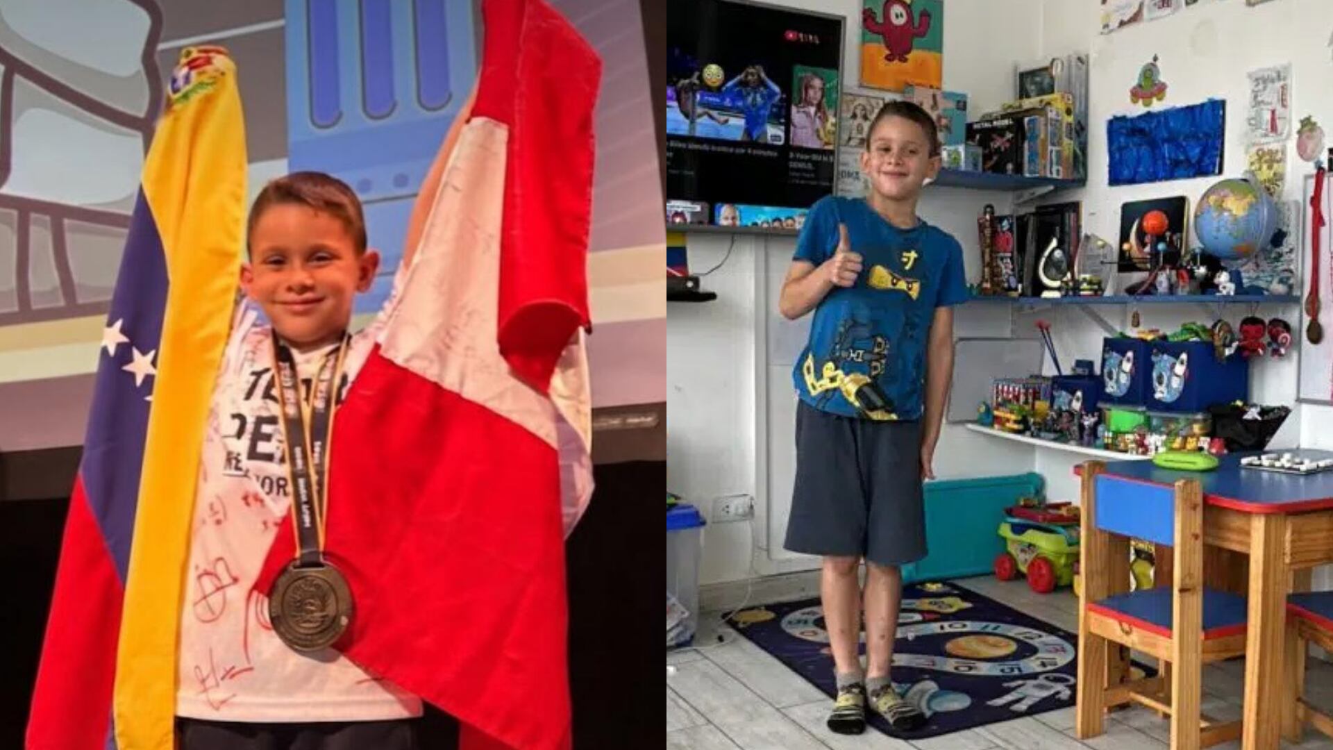 Fabio Isaac Bravo Acosta posa con su medalla de oro y las banderas de Venezuela y Perú, y en su hogar tras ganar la Olimpiada de Matemáticas Copernicus en Singapur.