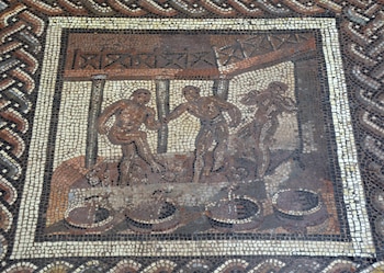 Escena de pisado de uva en el interior de un edificio con una galería superior, mosaico con calendario del siglo III d. C. de Saint-Romain-en-Gal, Museo Nacional de Arqueología, Saint-Germain-en-Laye. (Carole Raddato)
