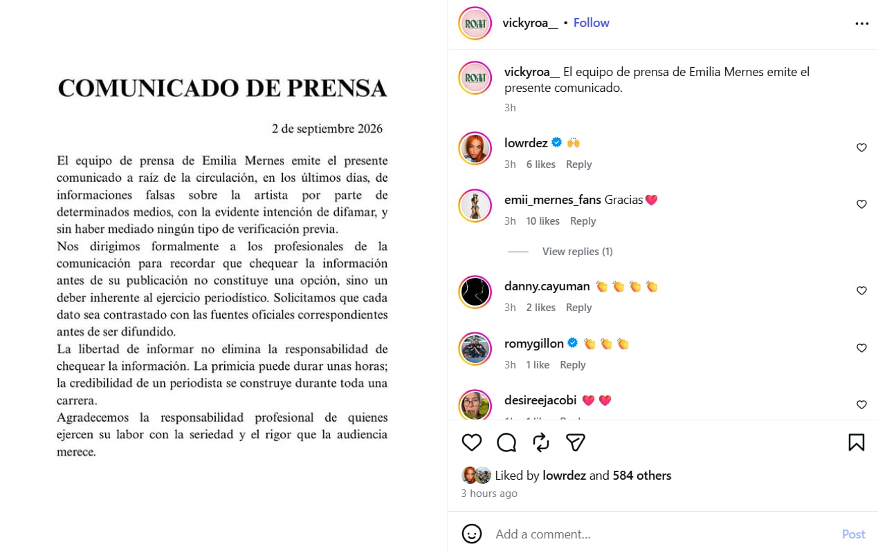 El equipo de prensa de Emilia Mernes difundió un comunicado para desmentir los rumores que la vincularon con Rodrigo de Paul en una fiesta