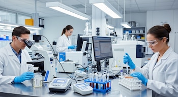 Tres científicos con batas y guantes azules trabajan en un laboratorio moderno. Uno usa un microscopio, otro una pipeta en placas de Petri y el tercero opera una computadora.