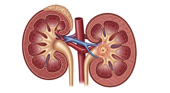 Corte transversal de dos riñones humanos con arterias y venas. El riñón derecho muestra un tumor en la pelvis y el izquierdo una masa en la corteza.