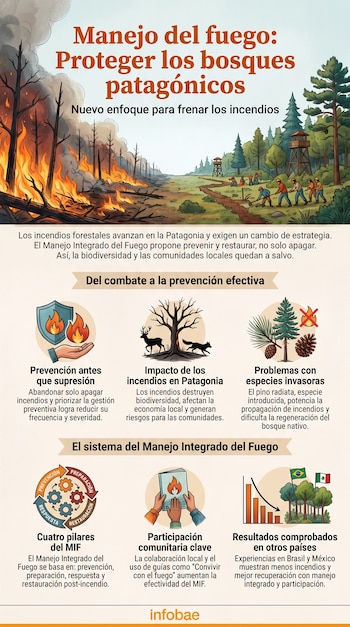Infografía que muestra un incendio forestal y silvicultores, con iconos de prevención, especies invasoras, gestión del fuego y resultados en Brasil y México.
