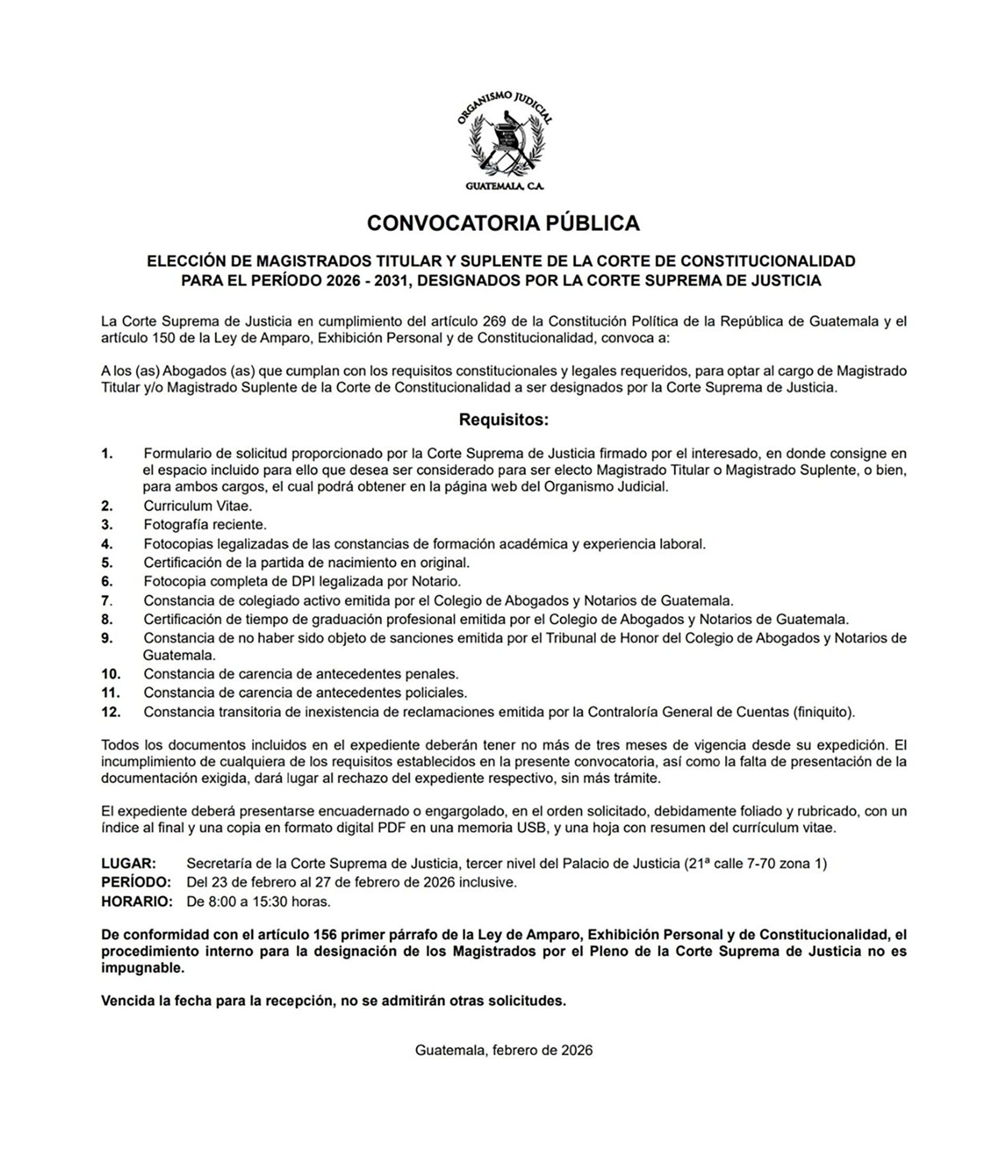 La Corte Suprema de Justicia de Guatemala emite una convocatoria pública para la designación de magistrados titulares y suplentes de la Corte de Constitucionalidad para el período 2026-2031. (Organismo Judicial de Guatemala)
