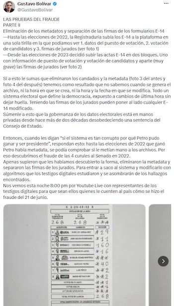 Gustavo Bolívar denunció cambios en el manejo de los formularios E-14 y alertó sobre vulnerabilidad electoral - crédito @GustavoBolivar/X