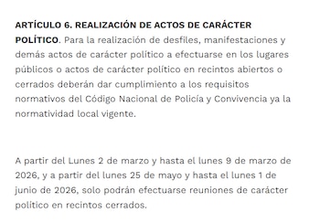 En el Decreto 188 de 2026 Ministerio del Interior se establece que, "a partir del lunes 25 de mayo y hasta el lunes 1 de junio de 2026, solo podrán efectuarse reuniones de carácter político en recintos cerrados" - crédito Decreto 188 de 2026 Ministerio del Interior/Función Pública