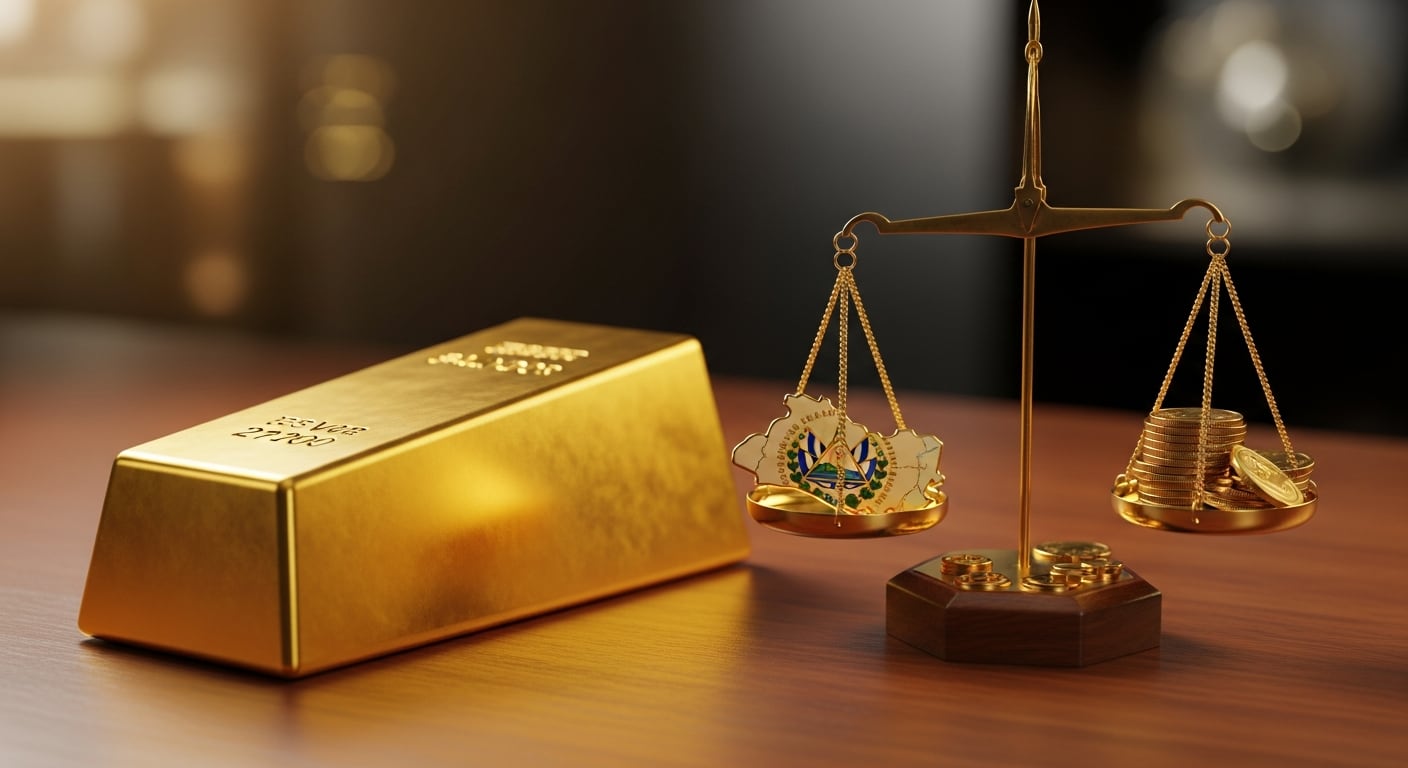 Un lingote de oro y una balanza con el mapa de El Salvador ilustran las reservas internacionales netas de oro del país centroamericano. (Imagen Ilustrativa Infobae)