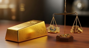 Un lingote de oro junto a una balanza con un mapa de El Salvador y monedas doradas apiladas sobre una superficie de madera.