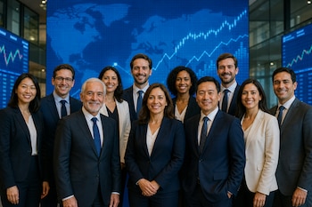 Diez personas con ropa formal posan sonrientes frente a una gran pantalla azul con gráficos bursátiles y un mapa del mundo.