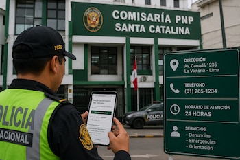 Un policía de espaldas sostiene un teléfono móvil con una aplicación interactiva frente a la comisaría de Santa Catalina y un cartel informativo