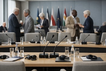 Primer plano de una mesa de conferencias con micrófonos, auriculares y botellas de agua. Al fondo, delegados borrosos conversan junto a banderas nacionales.
