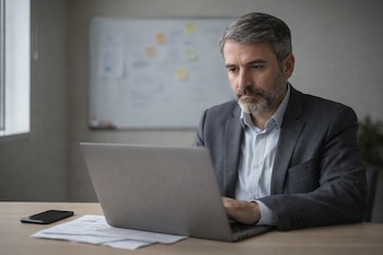 Hombre de mediana edad con cabello entrecano y traje gris sentado frente a una laptop. Sobre el escritorio hay papeles y un teléfono móvil; detrás, un pizarrón.