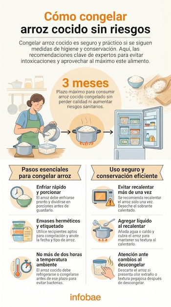 Infografía ilustra cómo congelar arroz cocido de forma segura, mostrando a una mujer preparándolo, un refrigerador y símbolos de pasos clave de seguridad alimentaria.