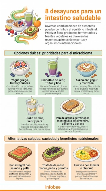 Infografía con título 8 desayunos para un intestino saludable. Muestra ocho ilustraciones de platos con alimentos dulces y salados, y texto explicativo. Logo Infobae.