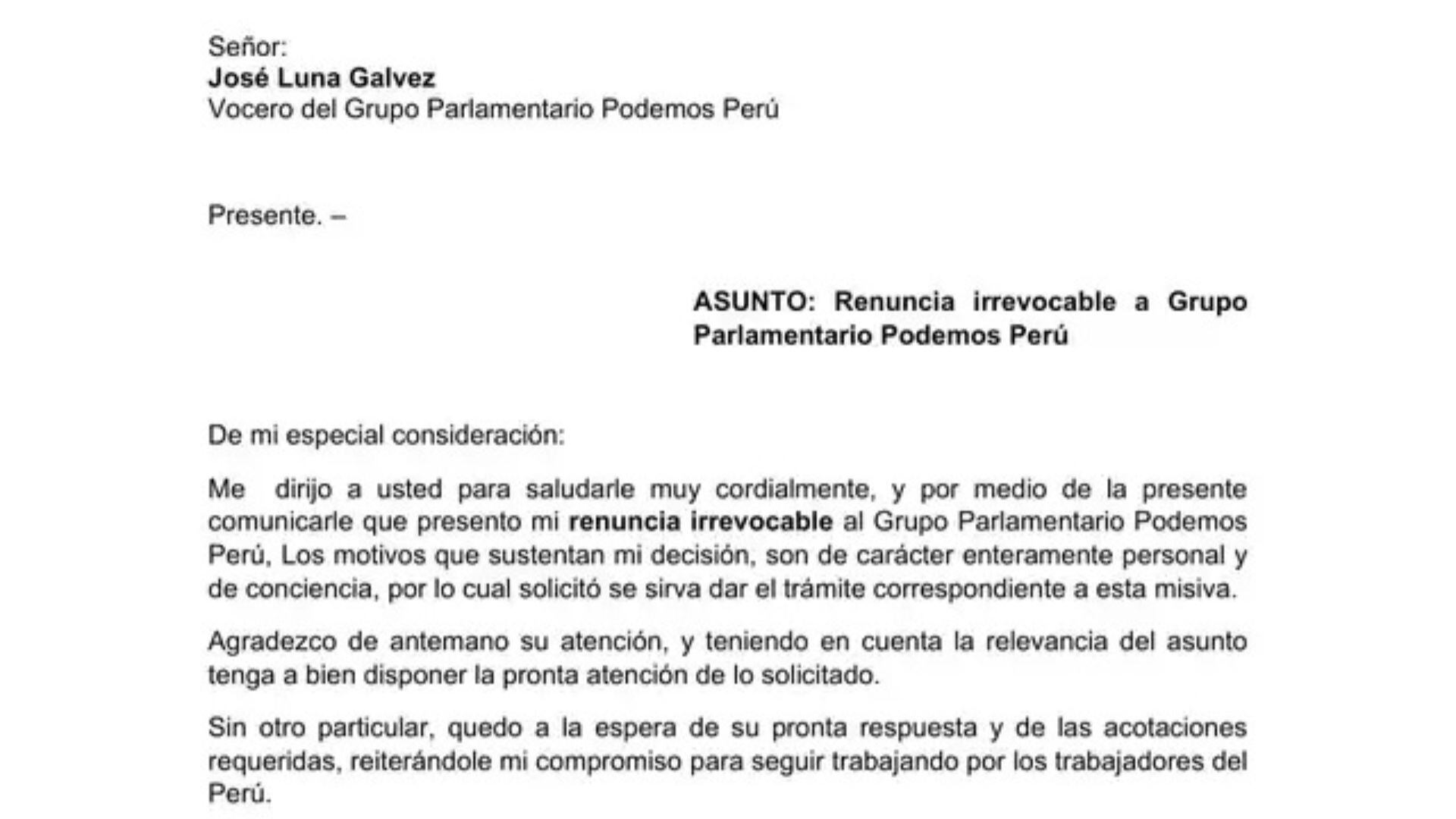 Carta enviada por Isabel Cortez a José Luna. | Congreso