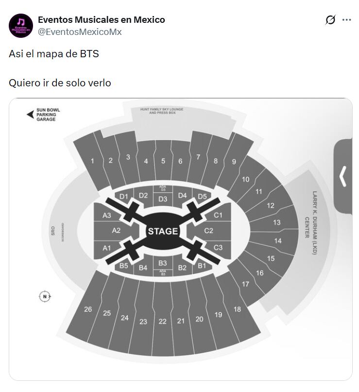 Ejemplo de mapa de distribución para shows masivos con escenario central, similar al que podría usarse en CDMX. (@EventosMexicoMx)