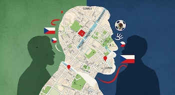 Silueta del perfil de Tomáš Masaryk con mapa de CDMX, tres banderas de República Checa, un balón de fútbol mexicano y sombras de personas.