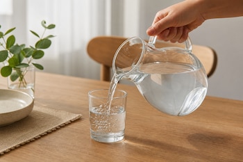 Mano que sostiene una jarra de vidrio y vierte agua en un vaso sobre una mesa de madera junto a un florero con plantas.