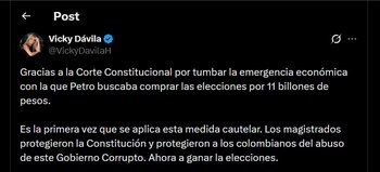 Vicky Dávila consideró la emergencia económica como un intento de Petro para incidir en las elecciones y calificó de histórica la medida cautelar - crédito @VickyDavilaH/X