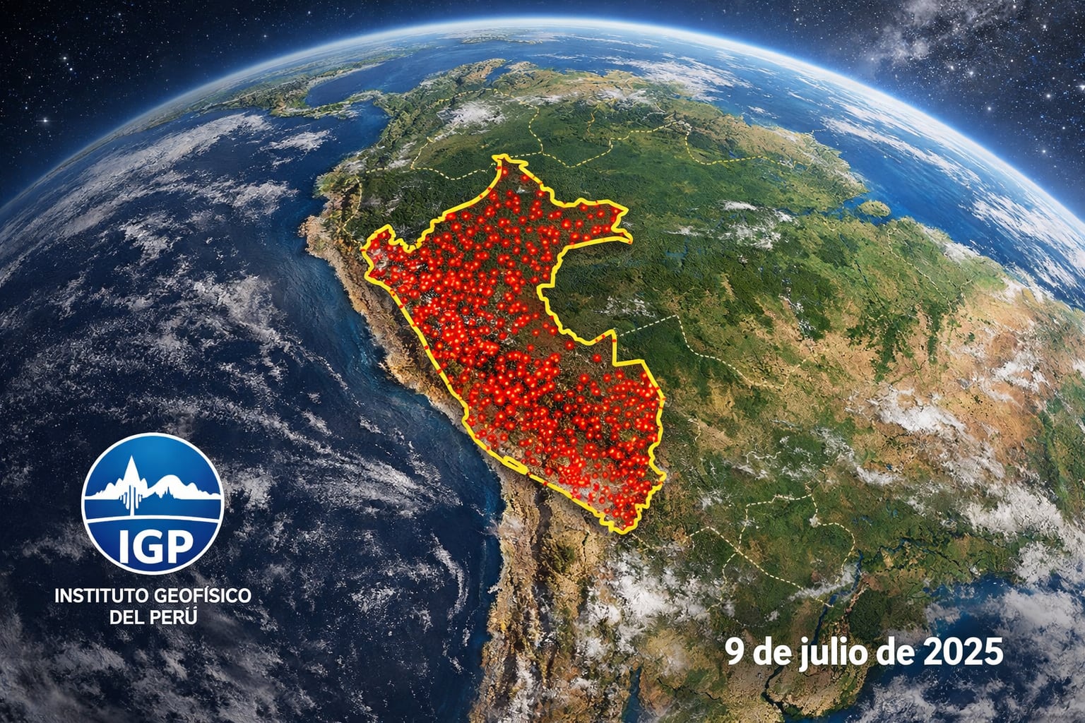 Un mapa de Perú desde el espacio señala la distribución de los sismos ocurridos en el país hasta el 9 de julio de 2025, según datos del Instituto Geofísico del Perú. (Imagen Ilustrativa Infobae)