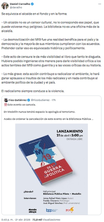 Daniel Carvalho no estuvo de acuerdo con decisión del alcalde Fico Gutiérrez sobre cancelar lanzamiento de libro del M-19 - crédito @davalho/X