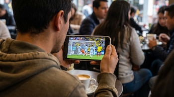 Vista trasera de una persona sosteniendo un iPhone con un partido de fútbol entre Argentina y Colombia en pantalla. Hay una taza de café en la mesa.