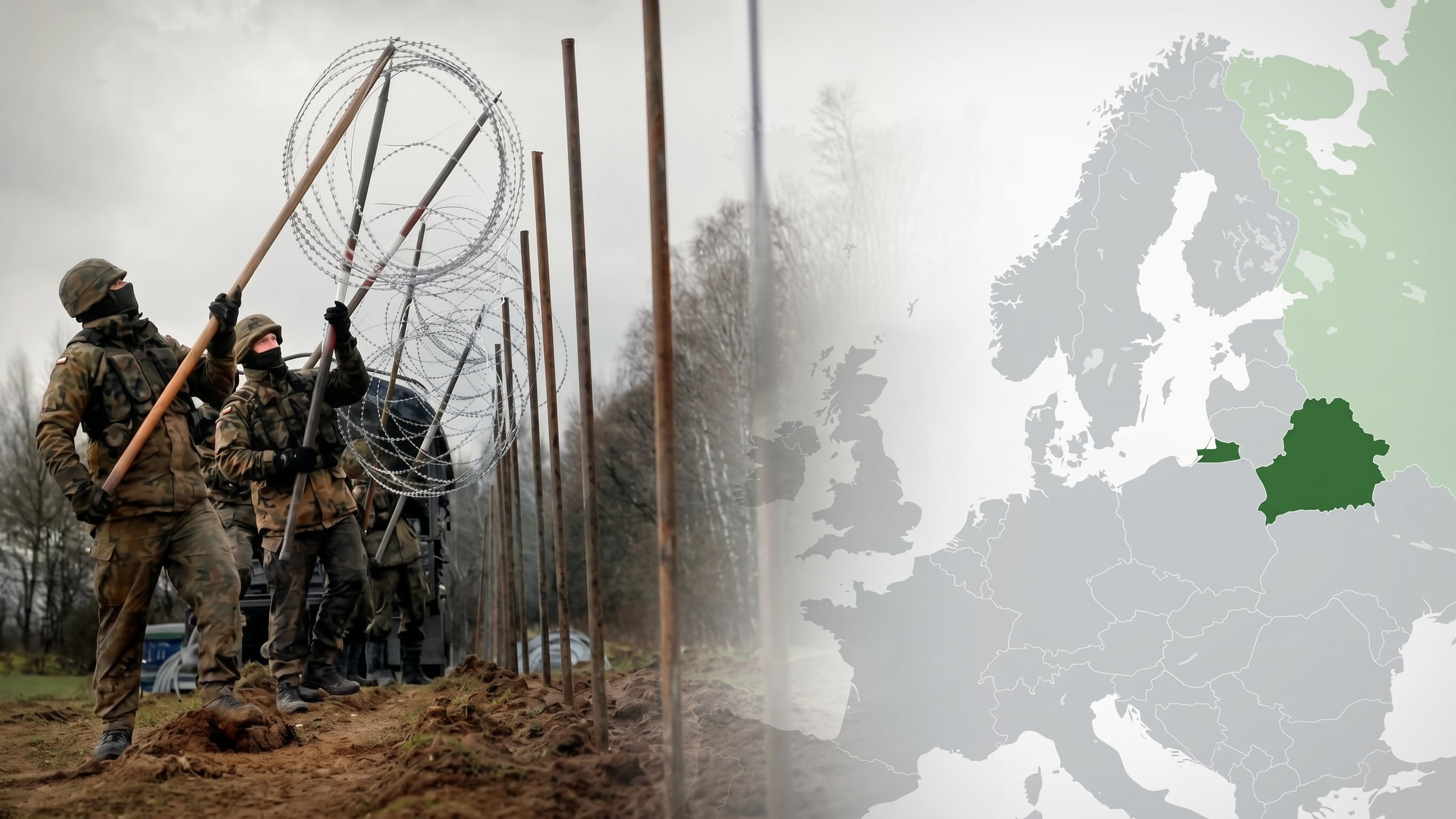 Soldados polacos instalan una cerca de alambre de espino en la frontera junto a un mapa de Europa que destaca el enclave de Kaliningrado. ((Reuters/Arkadiusz Stankiewicz/Agencja Wy))